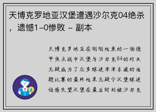 天博克罗地亚汉堡遭遇沙尔克04绝杀，遗憾1-0惨败 - 副本