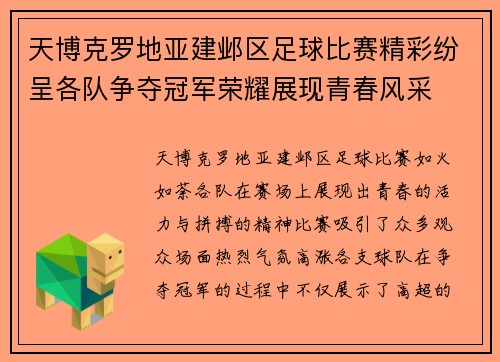 天博克罗地亚建邺区足球比赛精彩纷呈各队争夺冠军荣耀展现青春风采