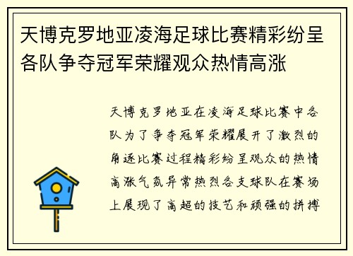 天博克罗地亚凌海足球比赛精彩纷呈各队争夺冠军荣耀观众热情高涨
