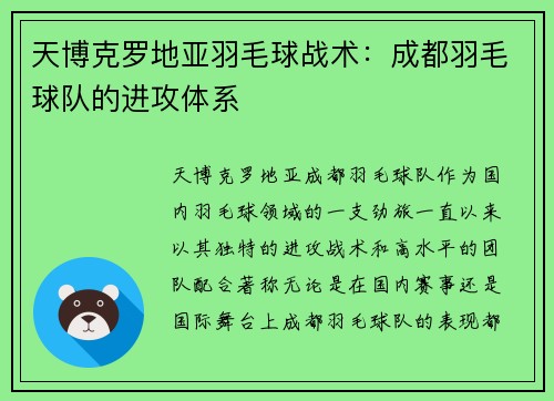 天博克罗地亚羽毛球战术：成都羽毛球队的进攻体系