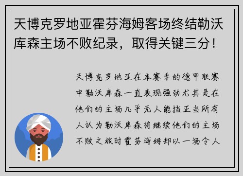 天博克罗地亚霍芬海姆客场终结勒沃库森主场不败纪录，取得关键三分！